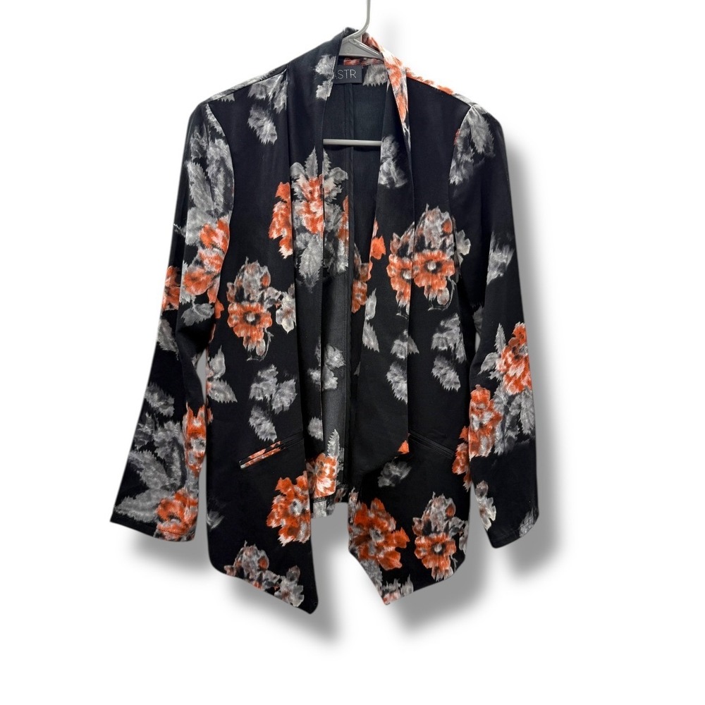 ASTR Floral Drape Blazer Women's Small Black Orange Padded Shoulder Lightweight